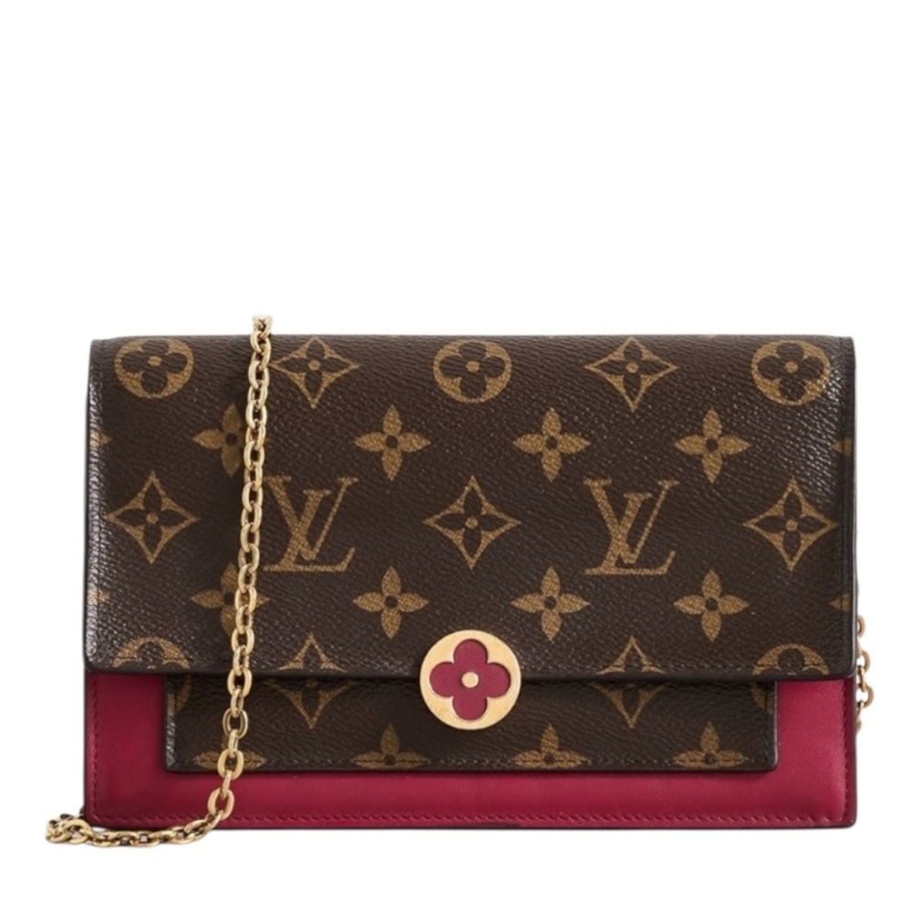 Like New! Authenticated LOUIS VUITTON Monogram Flore Chain Wallet Fuchsia LV WOC